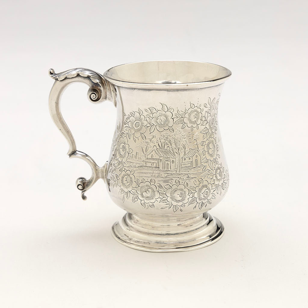 House scene on Taylor &amp; Lawrie Antique Coin Silver Cup, Philadelphia, PA, 1851