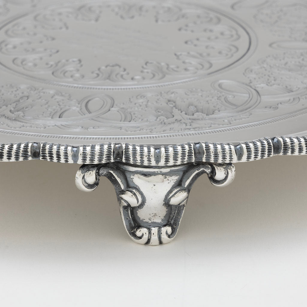 Foot detail of Tiffany &amp; Co. Antique Sterling Silver Footed Salver, NYC, NY, 1858