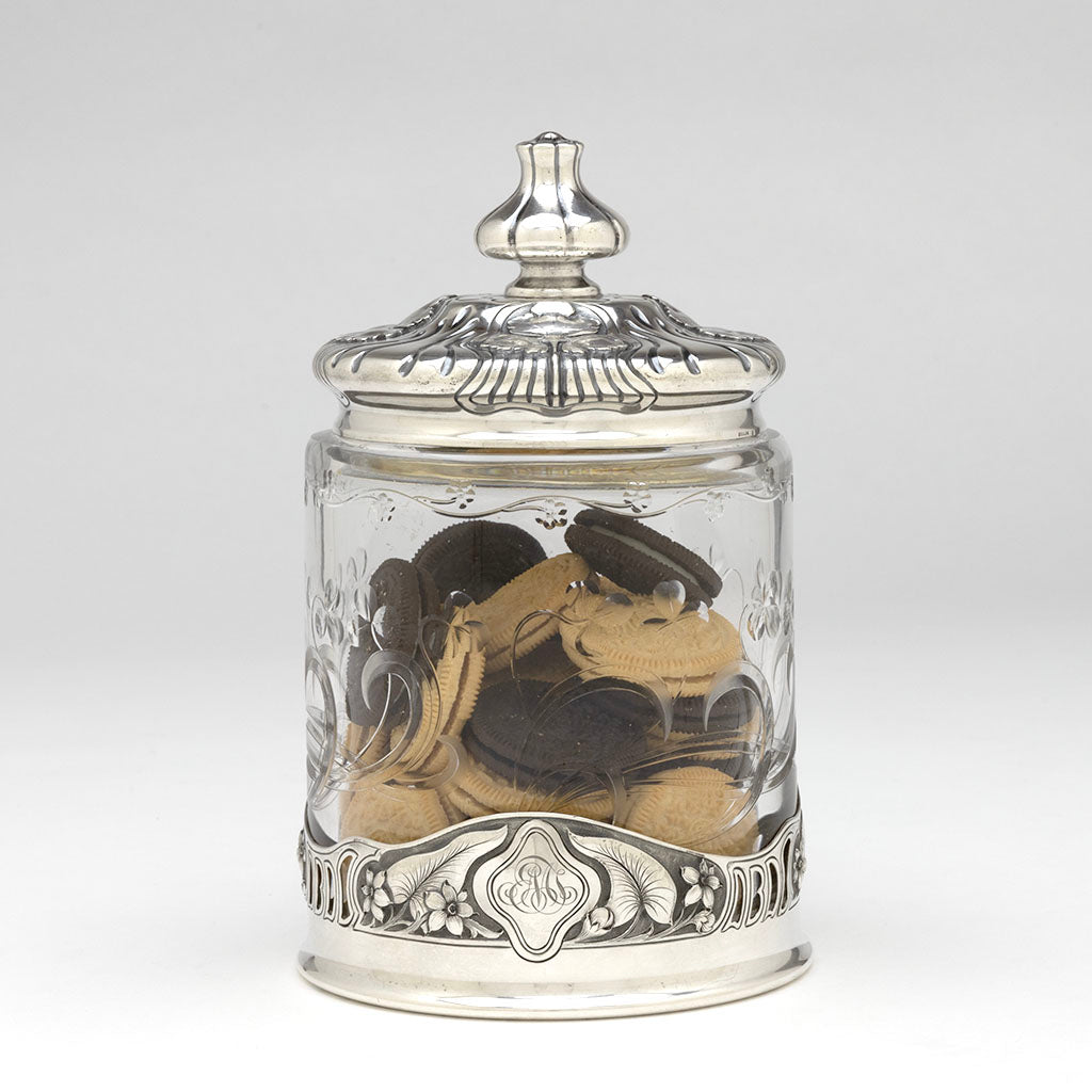 Cookies in Gorham &#39;Athenic&#39; Antique Sterling Silver and Hoare Glass &#39;Cigar Jar&#39;, Providence, RI, 1901