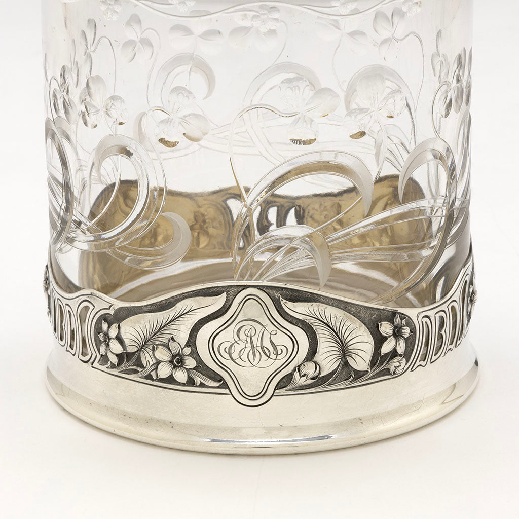 Monogram on Gorham Antique Sterling Silver and Hoare Glass &#39;Cigar Jar&#39;, Providence, RI, 1901
