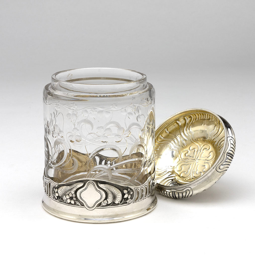 Open Gorham &#39;Athenic&#39; Antique Sterling Silver and Hoare Glass &#39;Cigar Jar&#39;, Providence, RI, 1901
