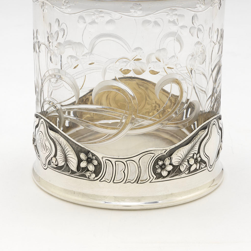 Pierced monogram on Gorham Antique Sterling Silver and Hoare Glass &#39;Cigar Jar&#39;, Providence, RI, 1901
