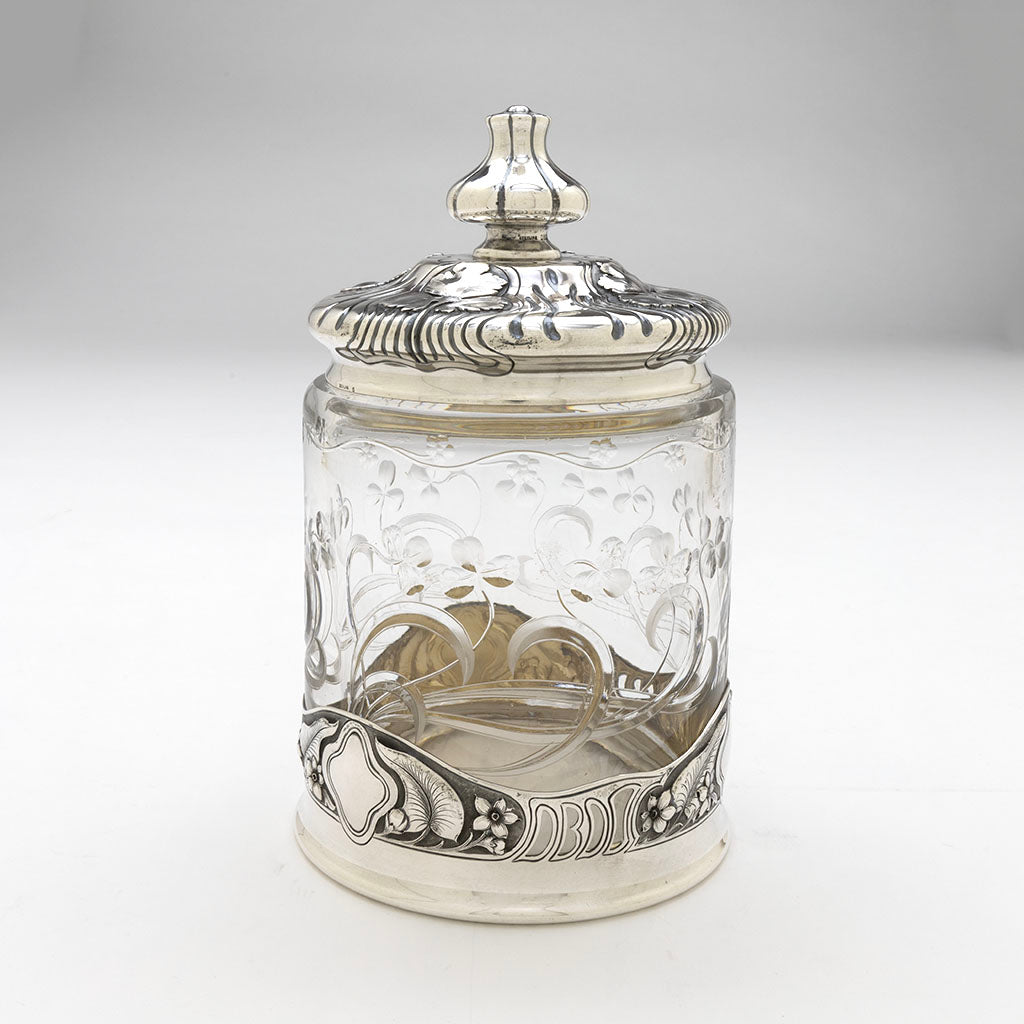 Side view of Gorham Antique Sterling Silver and Hoare Glass &#39;Cigar Jar&#39;, Providence, RI, 1901