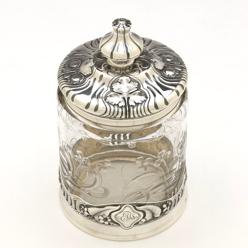 Top view of Gorham Antique Sterling Silver and Hoare Glass &#39;Cigar Jar&#39;, Providence, RI, 1901