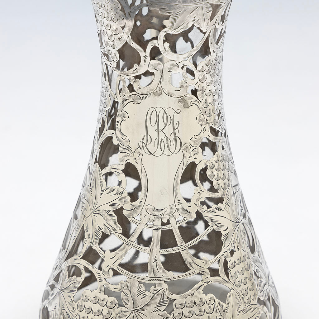 Monogram on Alvin Antique Sterling Silver Overlay Clear Glass Pitcher, Sag Harbor, NY, c. 1905