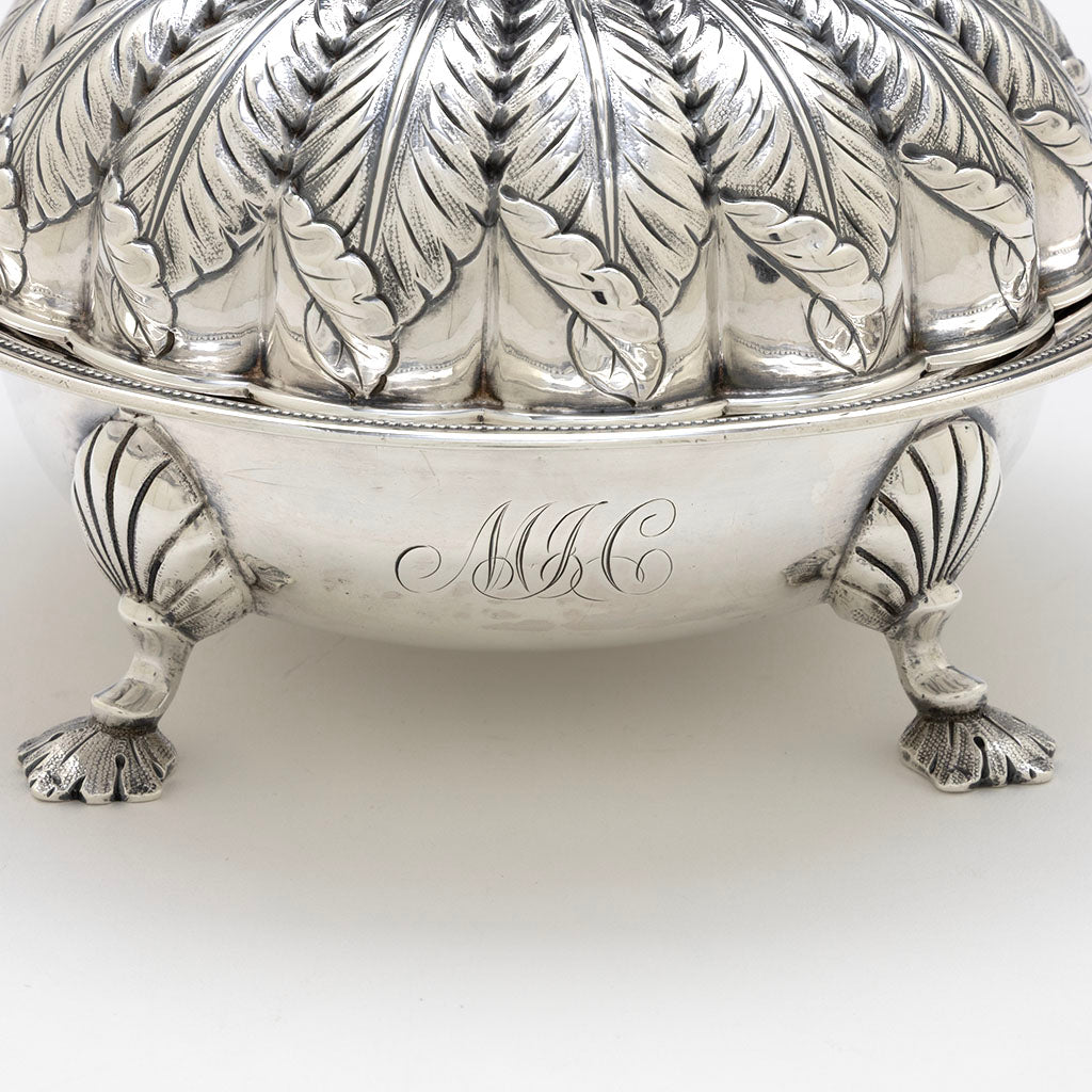 Monogram on Woodward &amp; Grosjean Antique Coin Silver Butter Dish, Boston, MA, c. 1845-50
