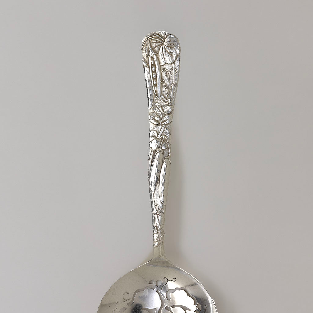 Handle to Tiffany &amp; Co Antique Sterling Silver Peapod Vine Pattern Pea Server, NYC, c. 1880s