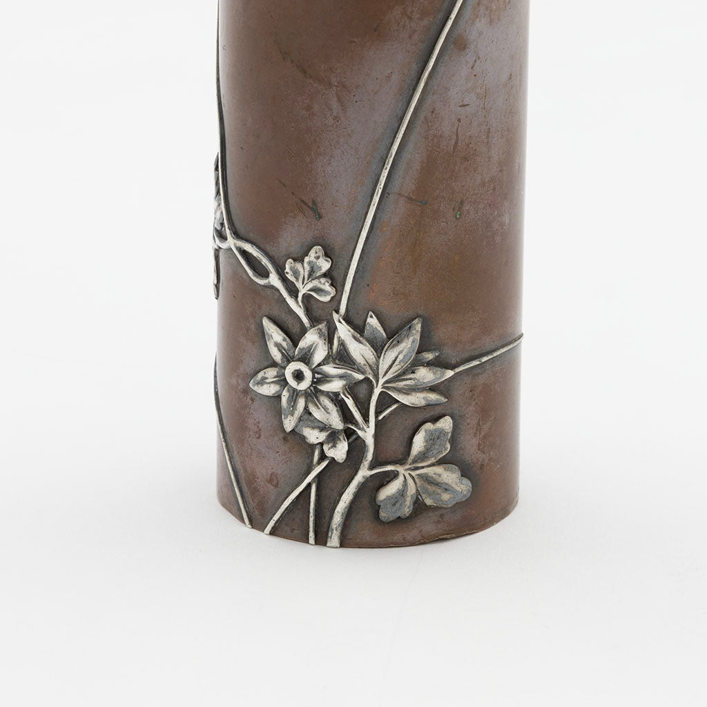 Flower details on Tiffany &amp; Co Copper and Silver Aesthetic Vase, NYC, NY, c. 1880