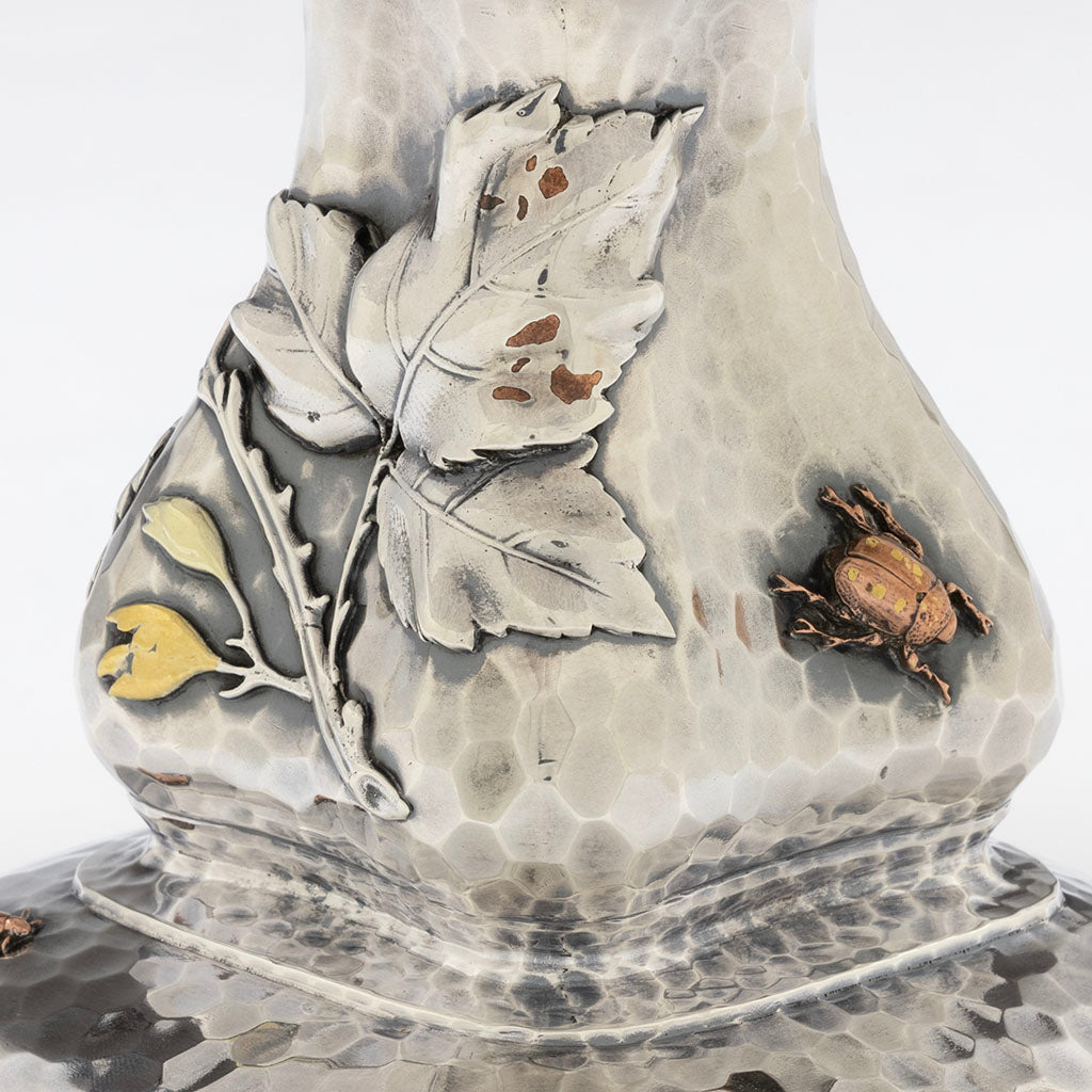 Leaves detail on Tiffany &amp; Co Sterling Silver &amp; Other Metals Tazza, NYC, NY, c. 1883