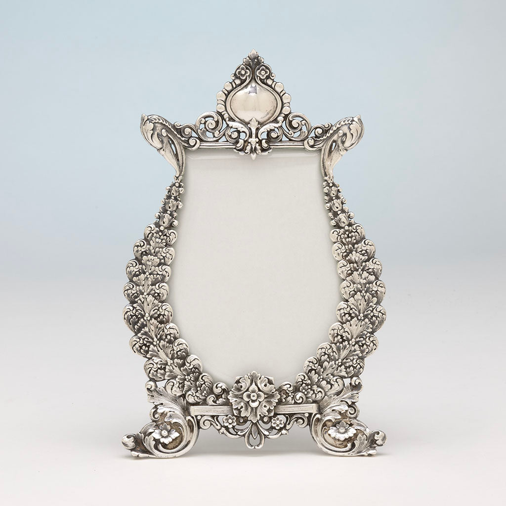 Tiffany &amp; Co. Antique Sterling Silver Floral Picture Frame with Swans, NYC, NY, c. 1894