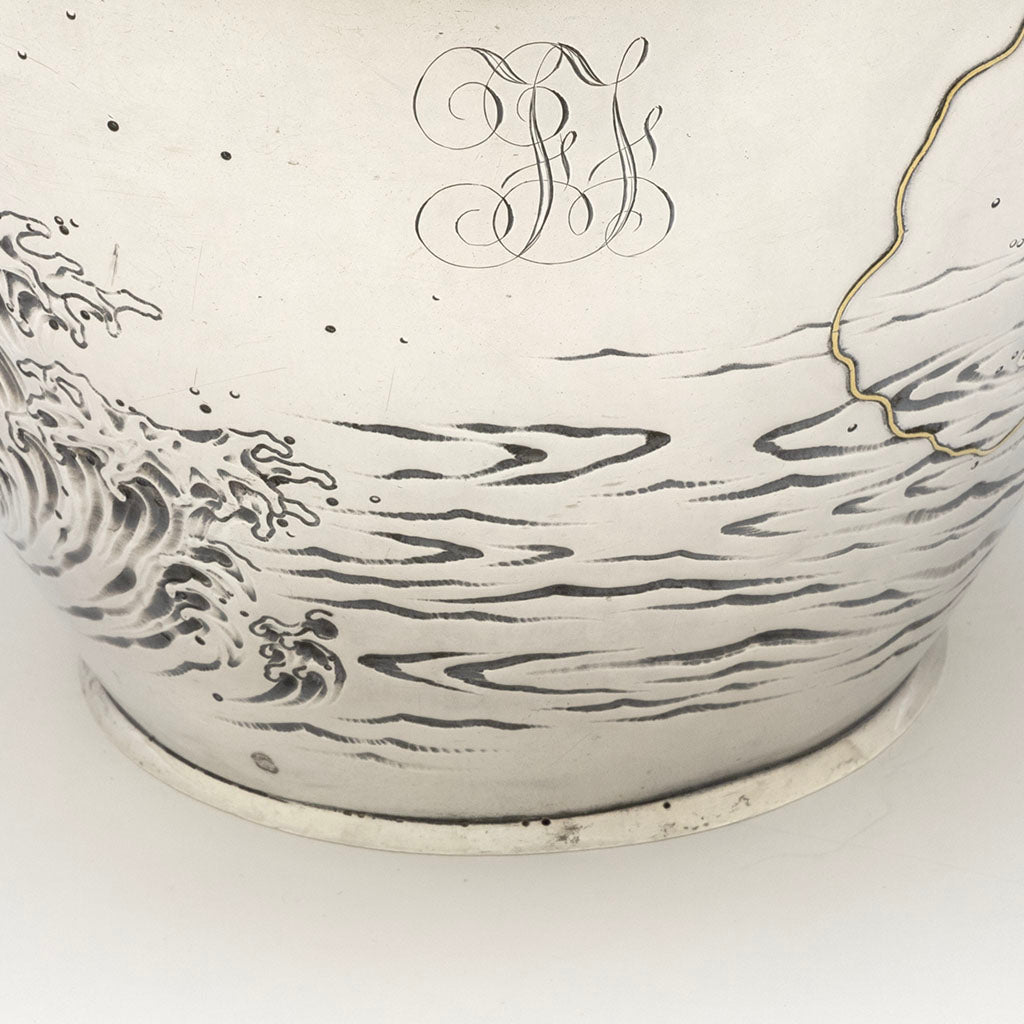 Monogram on Durgin Antique Sterling &amp; Other Metals Aesthetic Pitcher, Concord, NH, c. 1870s