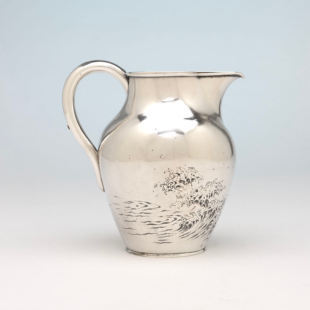 Waves on Durgin Antique Sterling &amp; Other Metals Aesthetic Pitcher, Concord, NH, c. 1870s