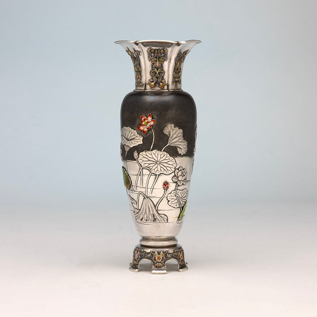 Pond scene c of Gorham &#39;Japanese Work&#39; Antique Sterling Silver and Enamel &#39;Sample&#39; Vase, Providence, RI, 1897