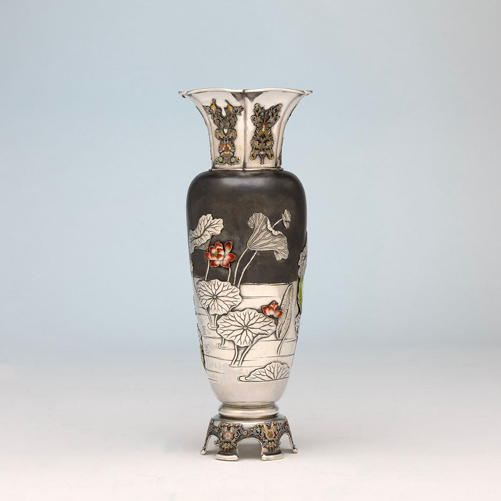 Pond scene a of Gorham &#39;Japanese Work&#39; Antique Sterling Silver and Enamel &#39;Sample&#39; Vase, Providence, RI, 1897