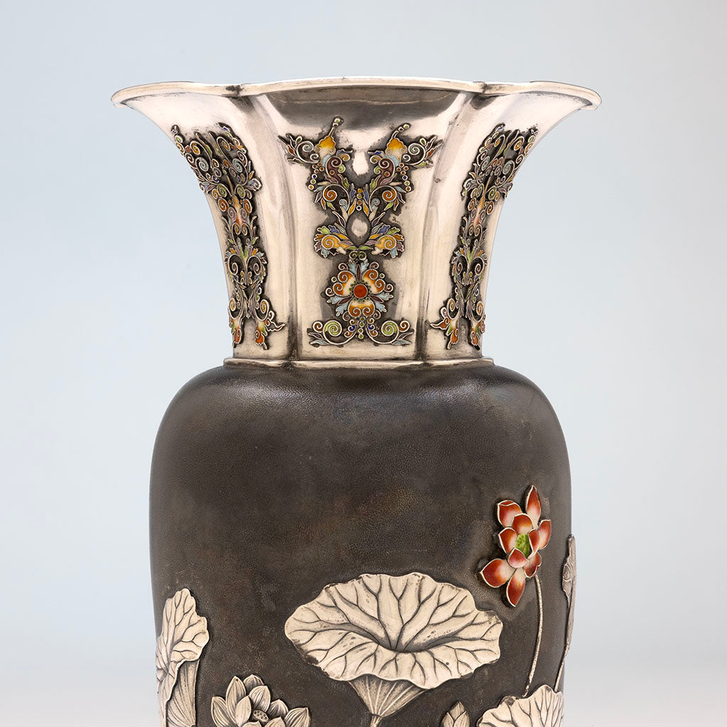 Neck detail of Gorham &#39;Japanese Work&#39; Antique Sterling Silver and Enamel &#39;Sample&#39; Vase, Providence, RI, 1897
