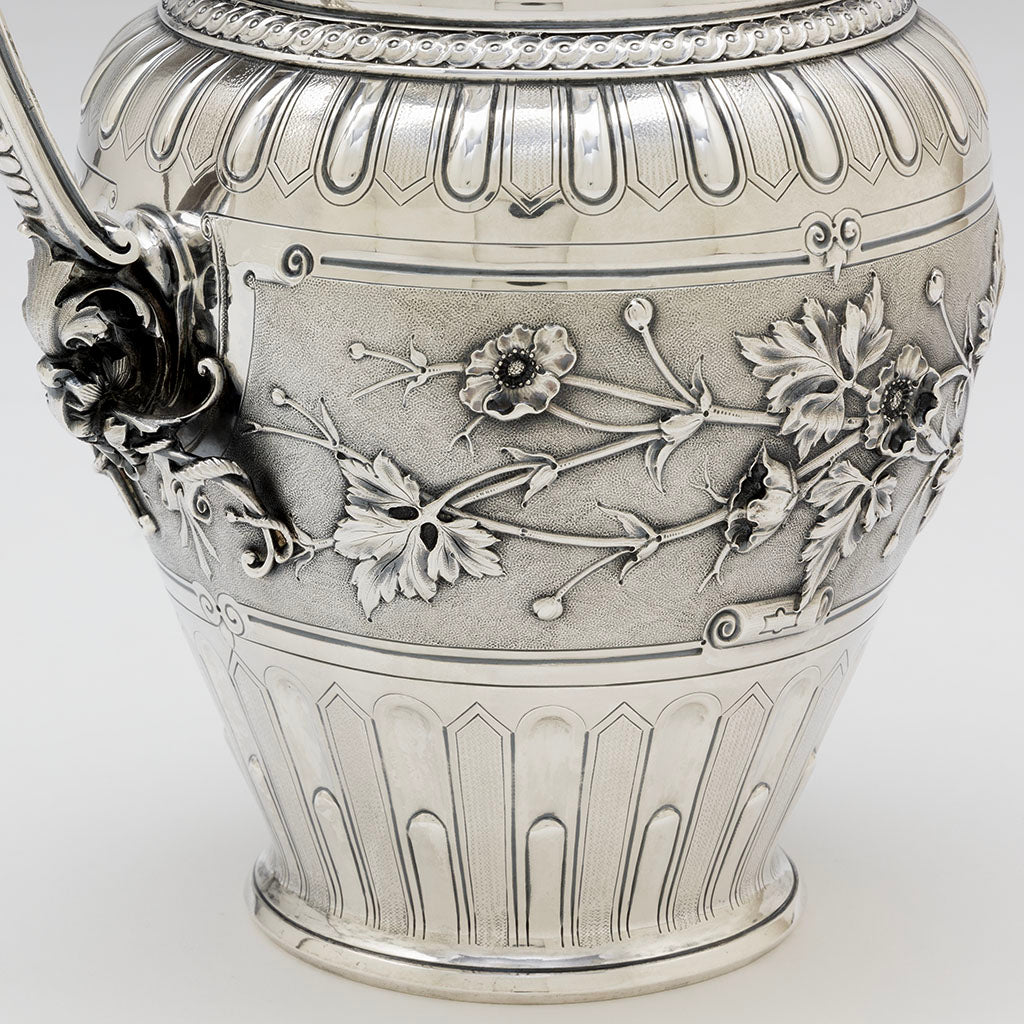 Chasing detail on Gorham Antique Coin Silver Ram&#39;s Head Presentation Ewer, Providence, RI, 1863