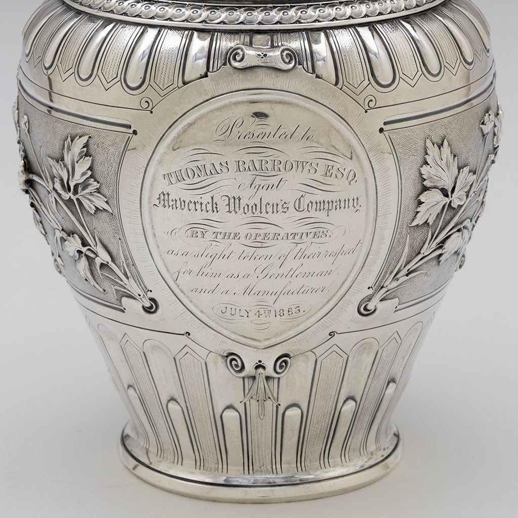 Inscription on Gorham Antique Coin Silver Ram&#39;s Head Presentation Ewer, Providence, RI, 1863