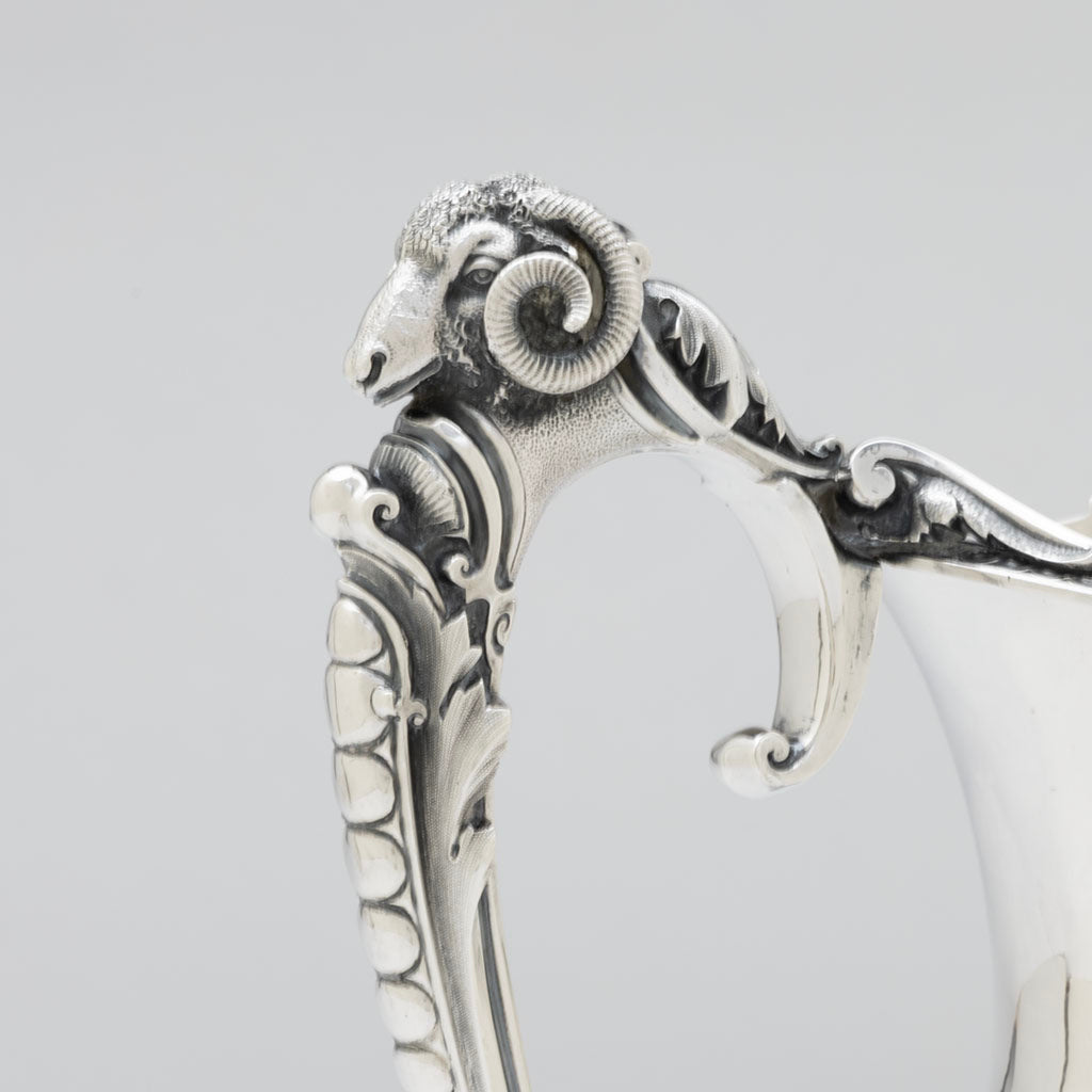 Ram detail on Gorham Antique Coin Silver Ram&#39;s Head Presentation Ewer, Providence, RI, 1863