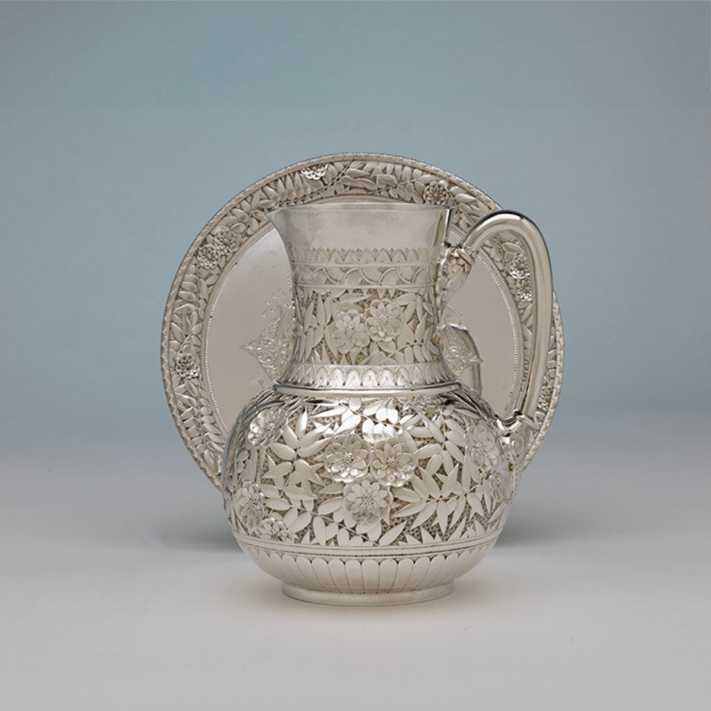 Kennard & Jenks/ Kennard & Co. Antique Sterling Silver Repousse Pitcher with Original Waiter, Boston, 1879