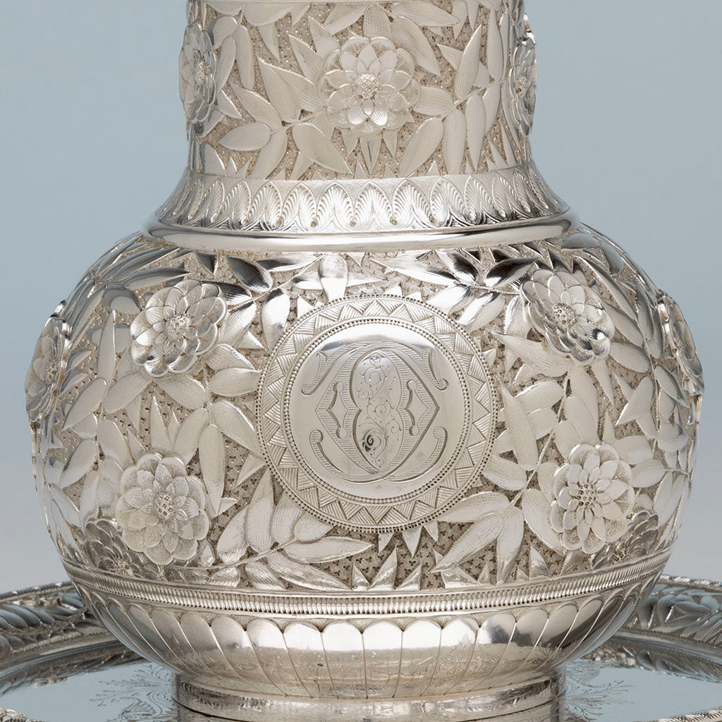 Pitcher monogram to Kennard &amp; Jenks/ Kennard &amp; Co. Antique Sterling Silver Repousse Pitcher with Original Waiter, Boston, 1879