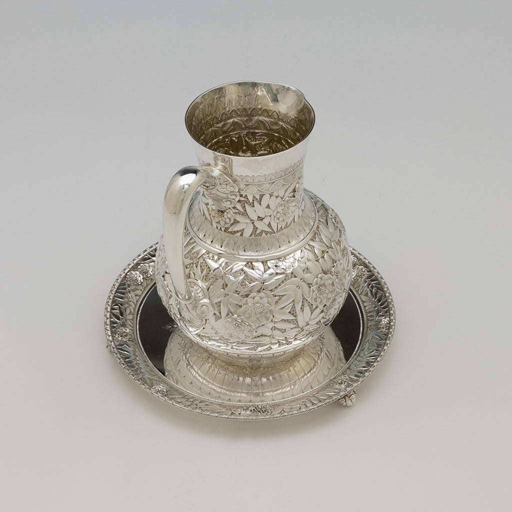 Top view of Kennard &amp; Jenks/ Kennard &amp; Co. Antique Sterling Silver Repousse Pitcher with Original Waiter, Boston, 1879