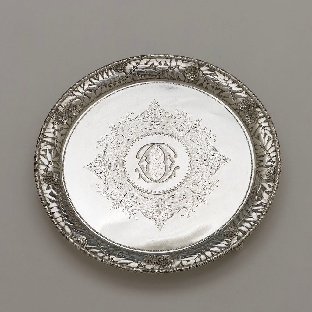 Waiter to Kennard &amp; Jenks/ Kennard &amp; Co. Antique Sterling Silver Repousse Pitcher with Original Waiter, Boston, 1879