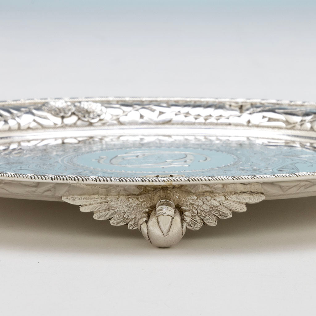 Waiter foot to Kennard &amp; Jenks/ Kennard &amp; Co. Antique Sterling Silver Repousse Pitcher with Original Waiter, Boston, 1879