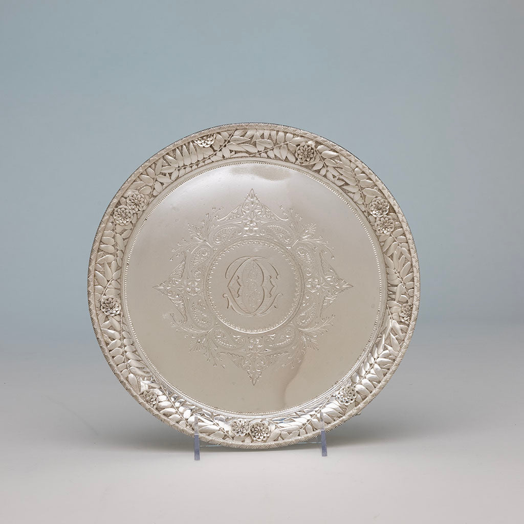 Waiter in stand to Kennard &amp; Jenks/ Kennard &amp; Co. Antique Sterling Silver Repousse Pitcher with Original Waiter, Boston, 1879