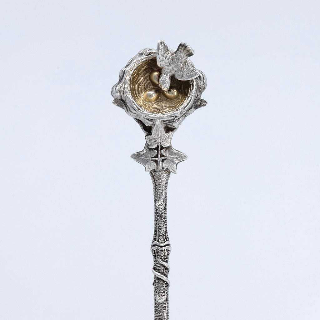 Front nest detail of Gorham "Bird's Nest" Antique Sterling Silver Pie Server, Providence, RI, c. 1870