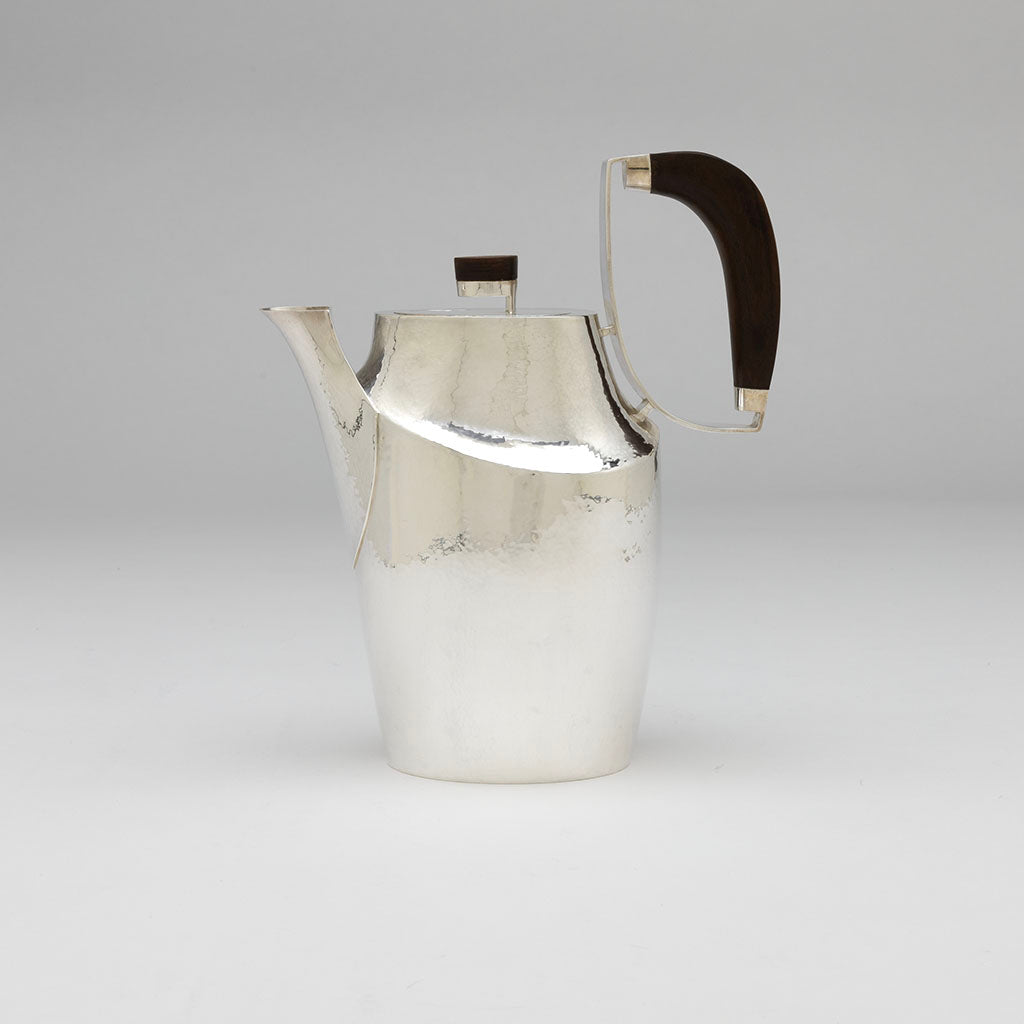 Coffee pot to William Frederick Mid-century Modern Sterling &amp; Rosewood Coffee and Tea Service with Original Tray, Chicago, IL, c. 1960s