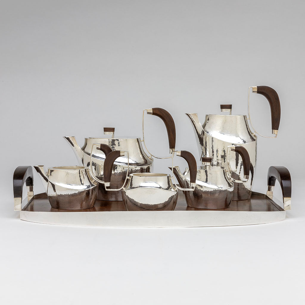 Side view of William Frederick Mid-century Modern Sterling &amp; Rosewood Coffee and Tea Service with Original Tray, Chicago, IL, c. 1960s