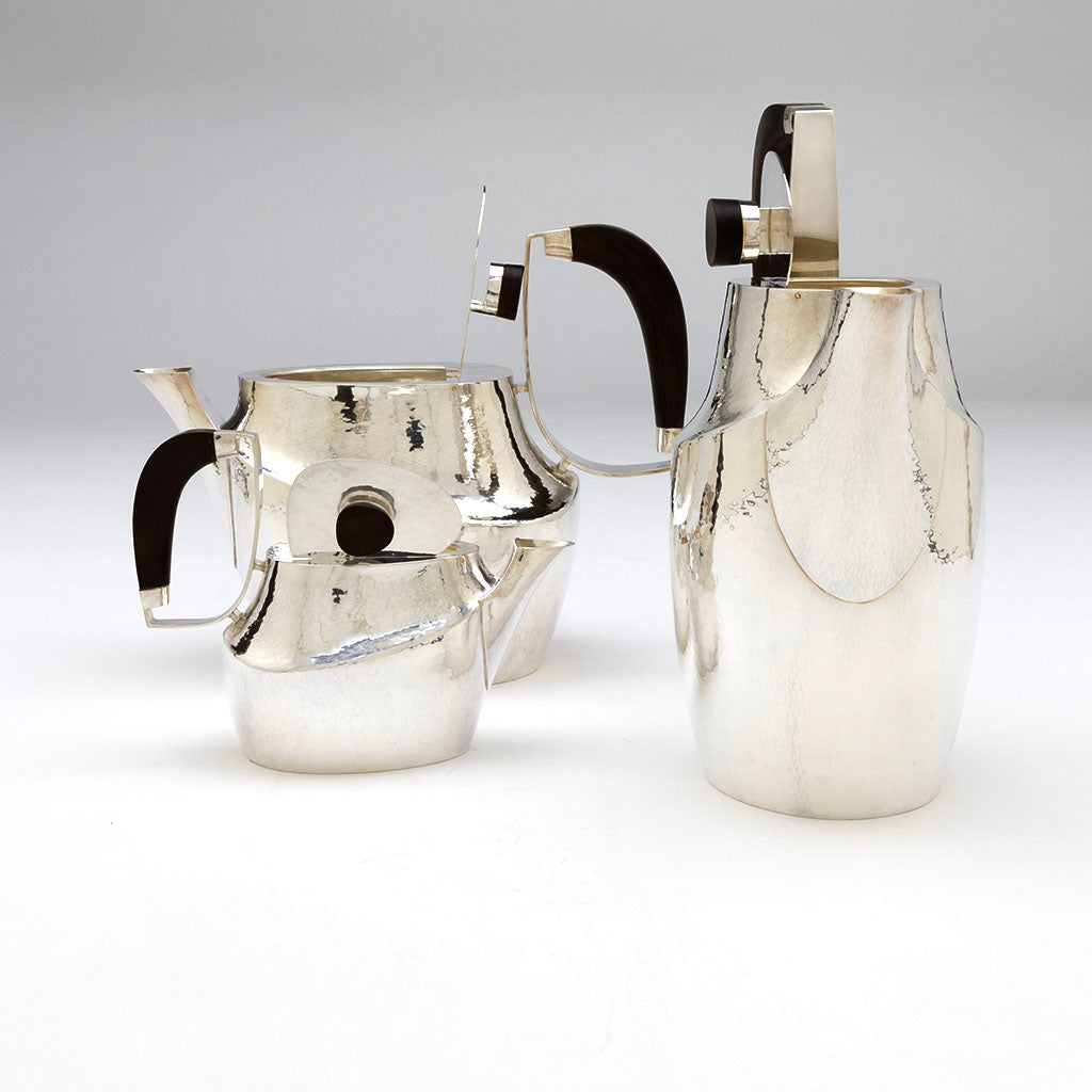 Open pots of William Frederick Mid-century Modern Sterling &amp; Rosewood Coffee and Tea Service with Original Tray, Chicago, IL, c. 1960s