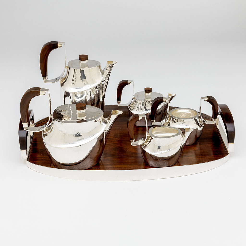 William Frederick Mid-century Modern Sterling &amp; Rosewood Coffee and Tea Service with Original Tray, Chicago, IL, c. 1960s on tray