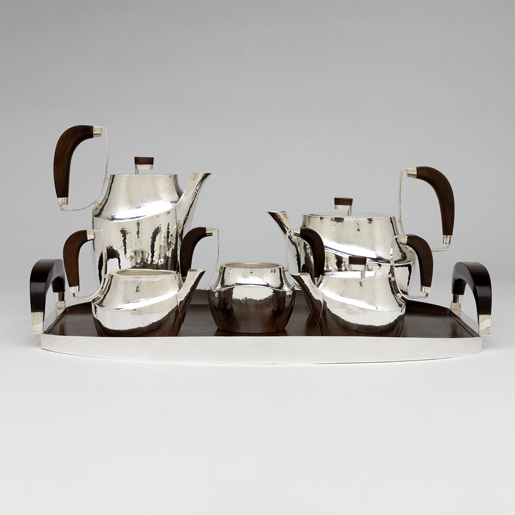 William Frederick Mid-century Modern Sterling &amp; Wood Coffee and Tea Service with Original Tray, Chicago, IL, c. 1960s