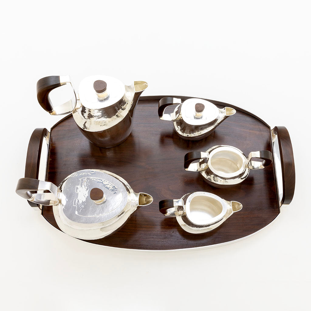 Top view of William Frederick Mid-century Modern Sterling &amp; Rosewood Coffee and Tea Service with Original Tray, Chicago, IL, c. 1960s