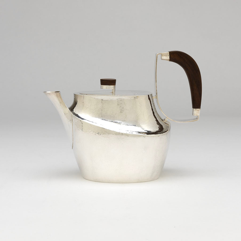 Tea pot to William Frederick Mid-century Modern Sterling &amp; Rosewood Coffee and Tea Service with Original Tray, Chicago, IL, c. 1960s