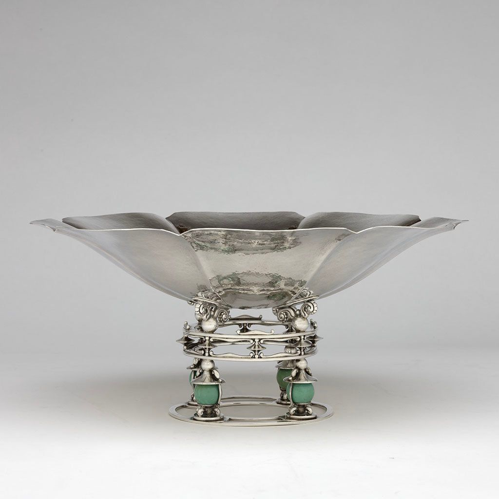 Side view of Erik Magnussen Designed for Gorham Modern Sterling &amp; Turquoise Centerpiece Bowl, Providence, RI, 1928