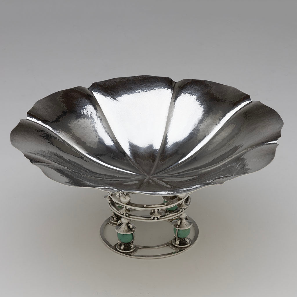 Angle view of Erik Magnussen Designed for Gorham Modern Sterling &amp; Turquoise Centerpiece Bowl, Providence, RI, 1928