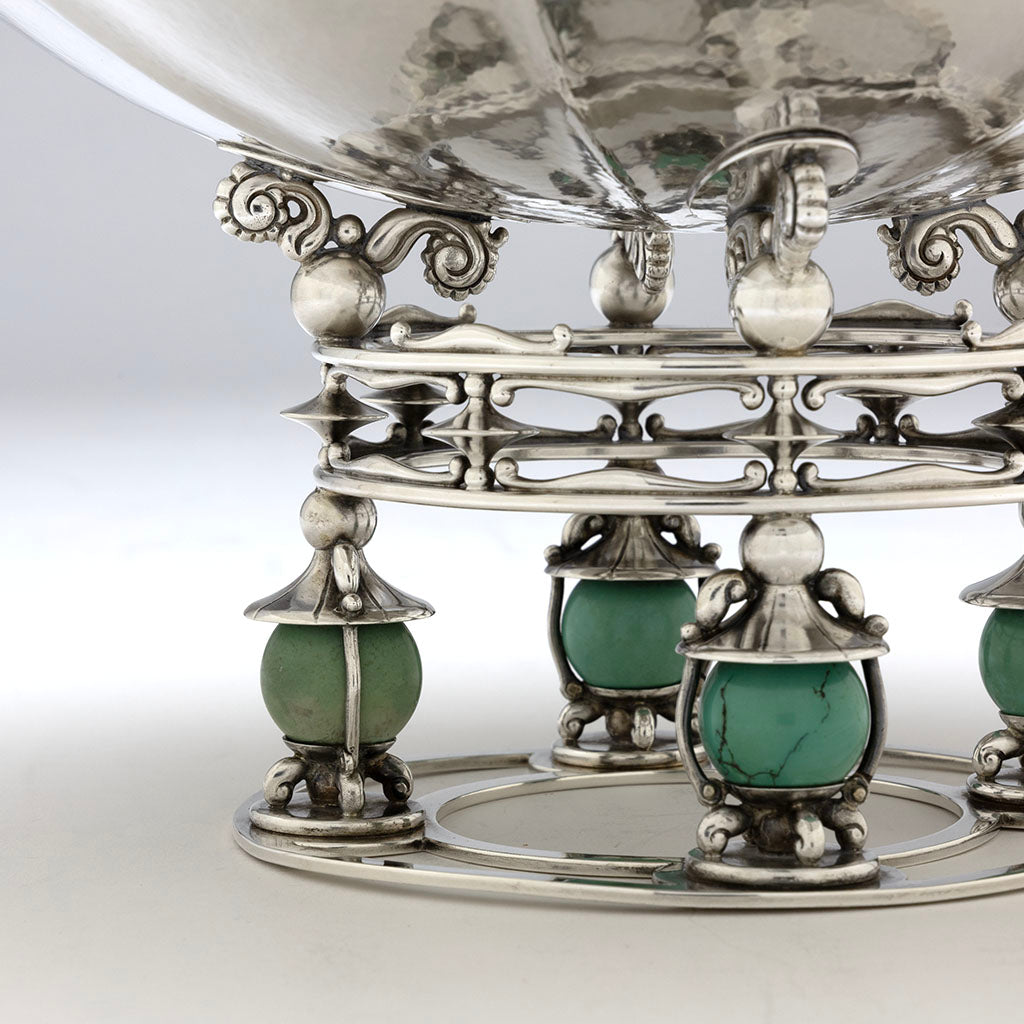 Base detail of Erik Magnussen Designed for Gorham Modern Sterling &amp; Turquoise Centerpiece Bowl, Providence, RI, 1928