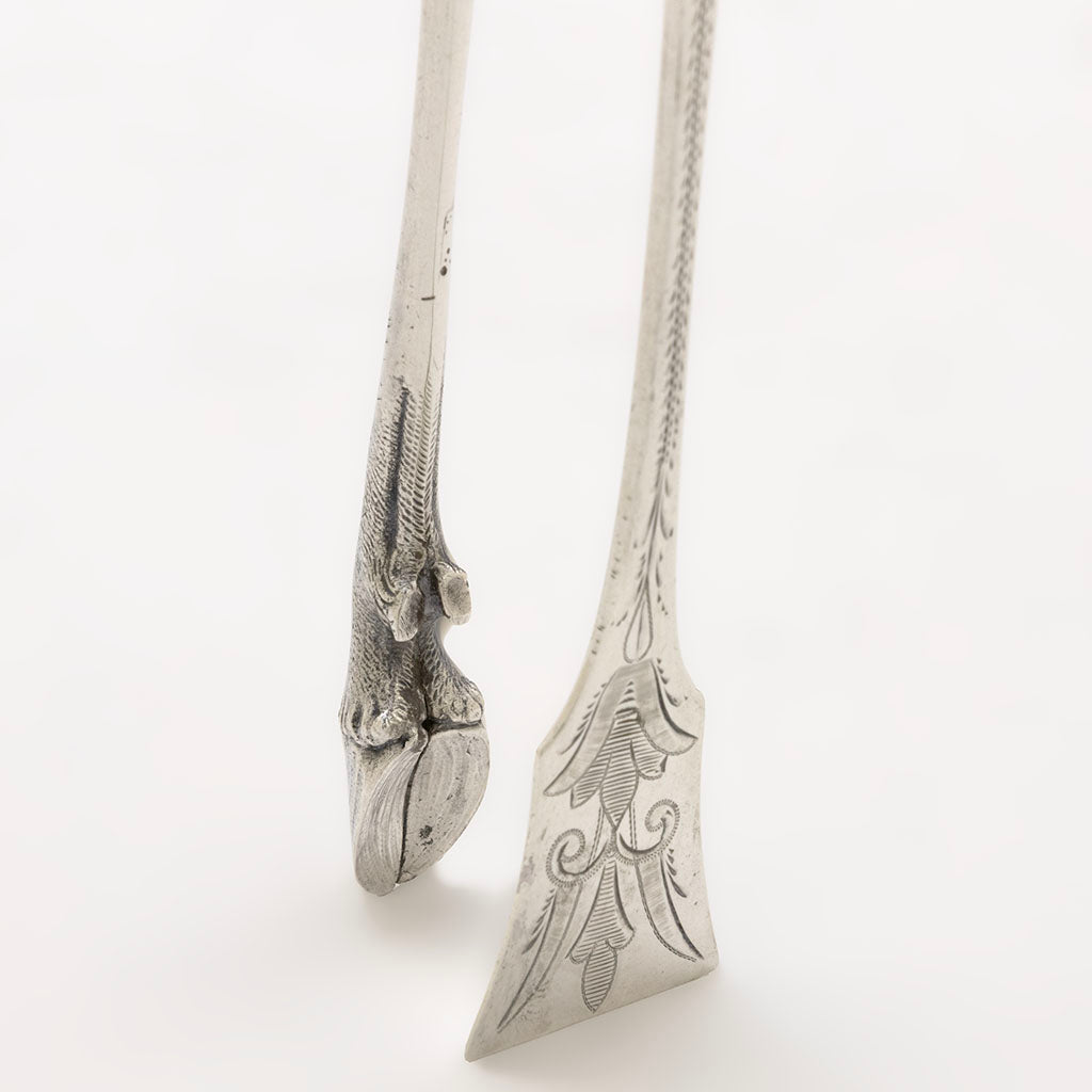 Hoof detail of Peter Krider Rare Antique Coin Silver Figural Serving Tongs, Philadelphia, PA, c. 1865