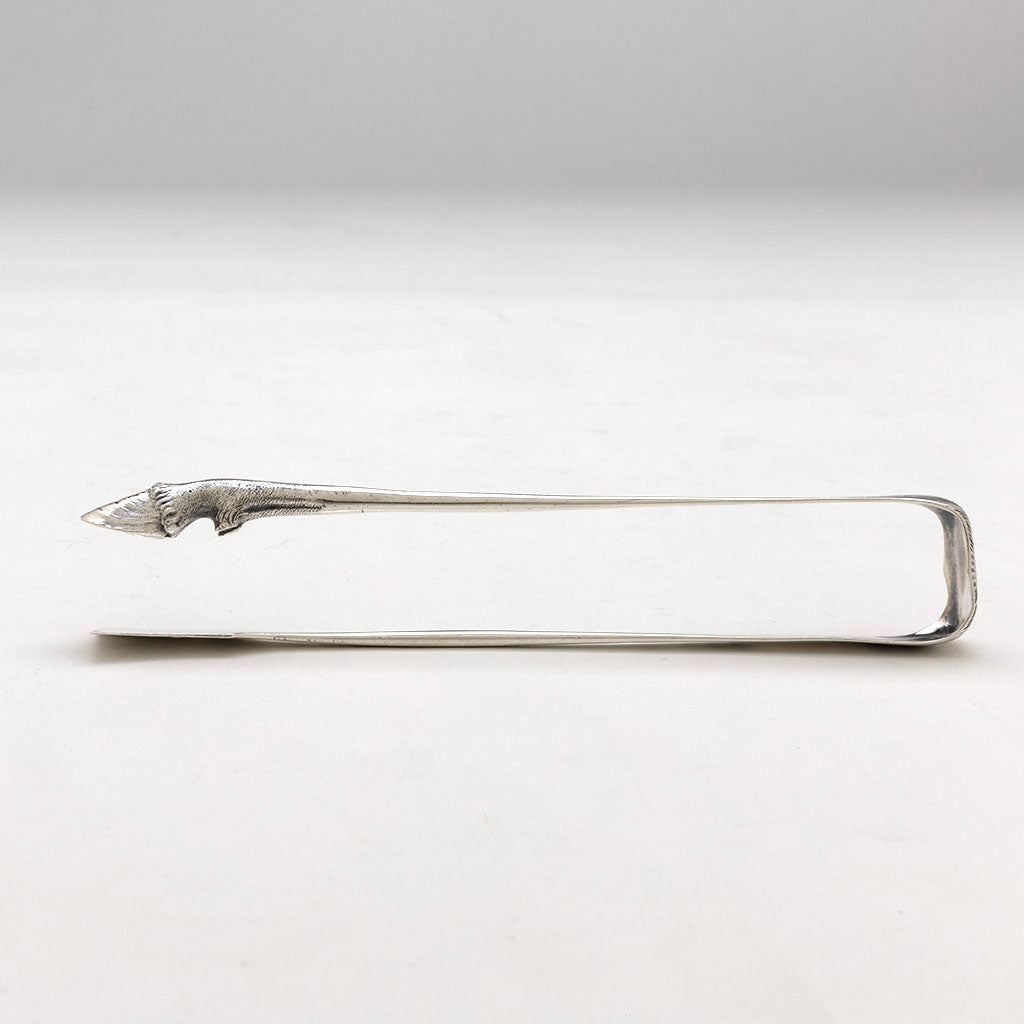 Side view of Peter Krider Rare Antique Coin Silver Figural Serving Tongs, Philadelphia, PA, c. 1865