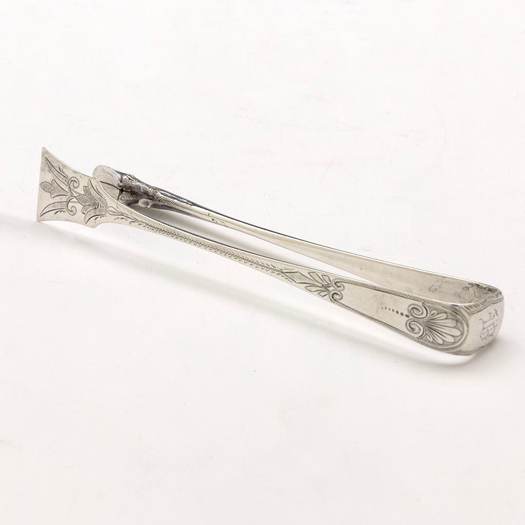 Bottom of Peter Krider Rare Antique Coin Silver Figural Serving Tongs, Philadelphia, PA, c. 1865
