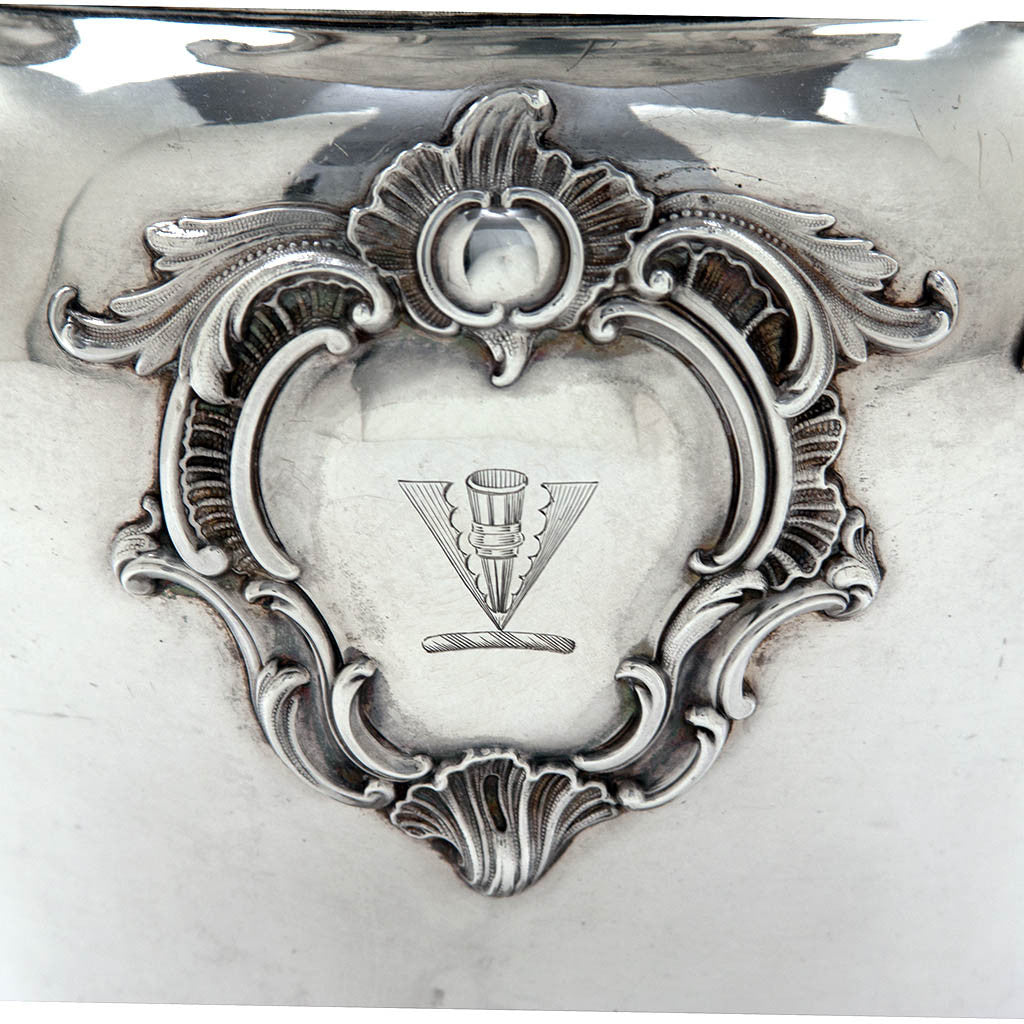 Crest on Pair of Rare Antique Sheffield Plate Monteith Wine Coolers, Sheffield, c. 1830