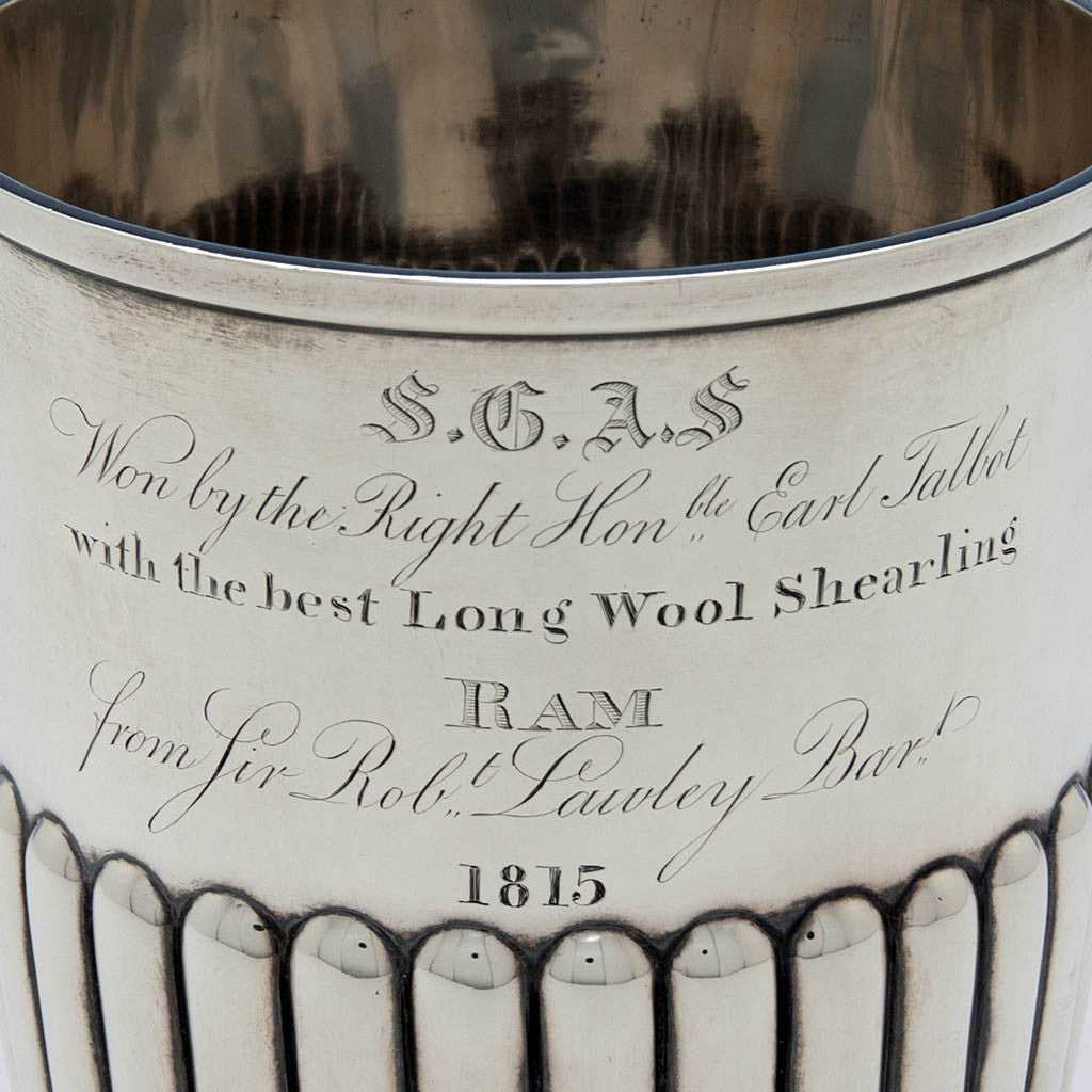 Inscription on English Antique Sterling Silver Agricultural Fair Trophy by William Bateman, London, 1815