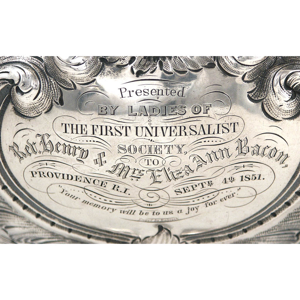 Inscription on Gorham &amp; Thurber Coin Silver Presentation Water Pitcher, c. 1851, of Rhode Island Historical Interest