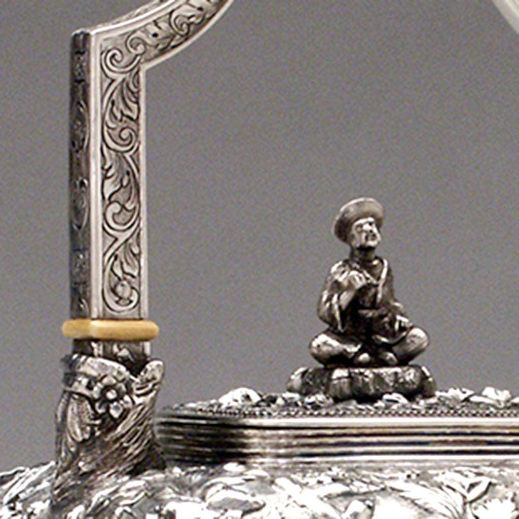 Finial to The Roosevelt Family (Eleanor &amp; Franklin Delano) Samuel Kirk &amp; Son Repousse Chinoiserie Hot Water Kettle, c. 1880
