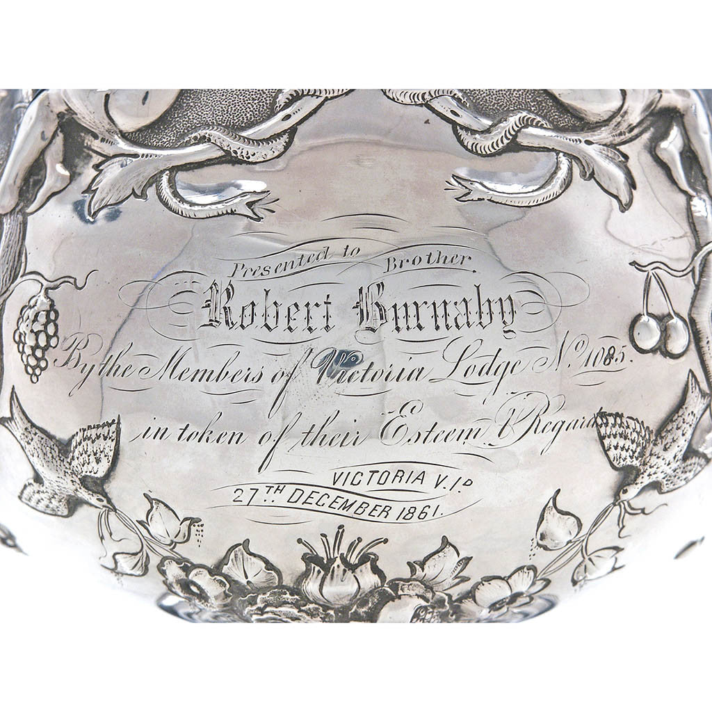 Inscription on Rare Figural Repousse American Coin Silver Presentation Pitcher by Peter Krider, Philadelphia, of Victoria, BC, Masonic Interest, c. 1861