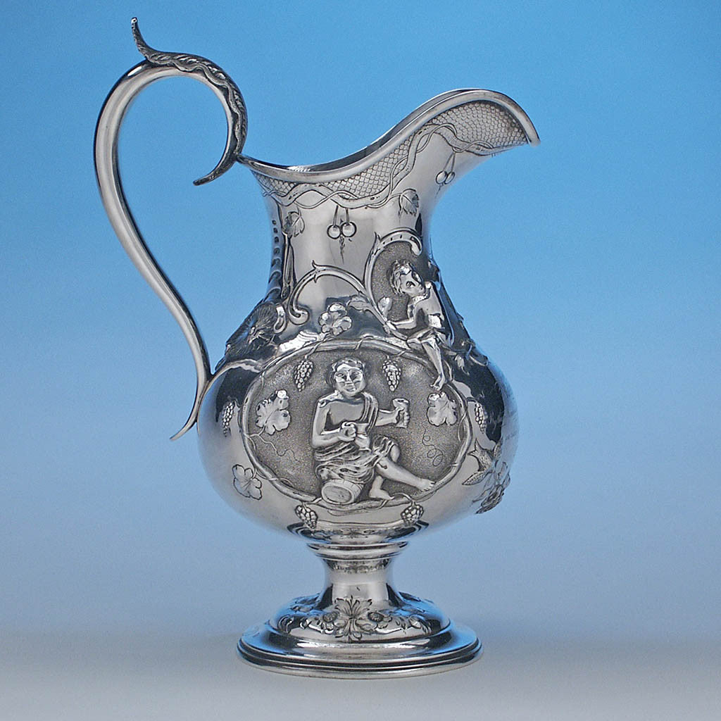 Rare Figural Repousse American Coin Silver Presentation Pitcher by Peter Krider, Philadelphia, of Victoria, BC, Masonic Interest, c. 1861