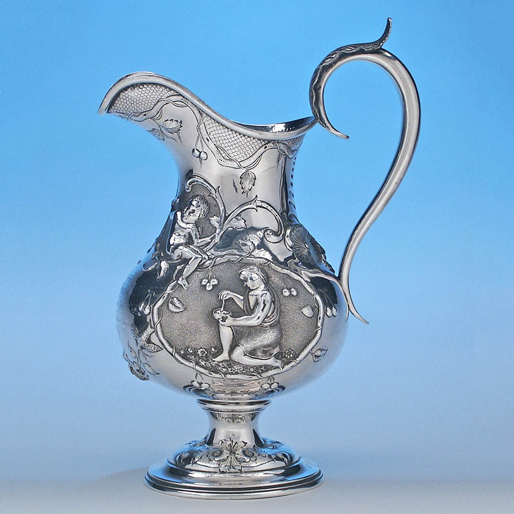 Reverse of Rare Figural Repousse American Coin Silver Presentation Pitcher by Peter Krider, Philadelphia, of Victoria, BC, Masonic Interest, c. 1861
