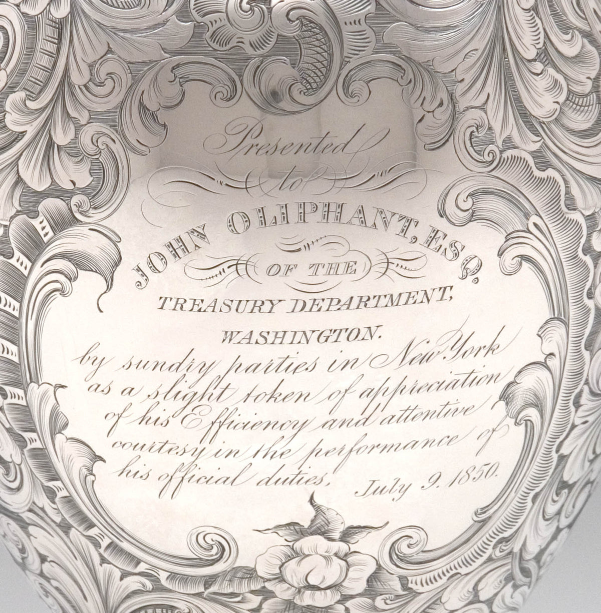 Inscription on American Silver Presentation Ewer by James Bogert, Newburgh, NY, Retailed by Ball, Thompkins &amp; Black, NYC, 1849/50